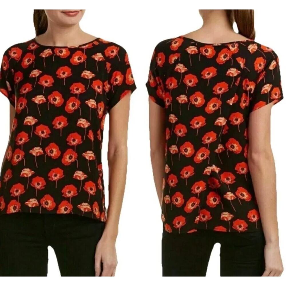 CAbi Black Red Poppy Floral Short Sleeve Spit Back Tunic Blouse Size XL
